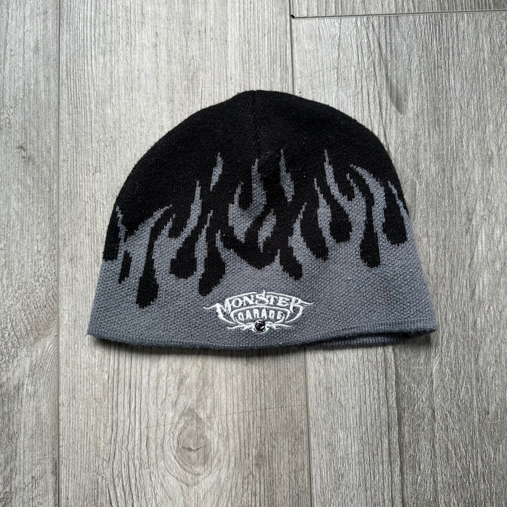 Monster Garage Flame Knit Beanie Black Grey One Size Fits All